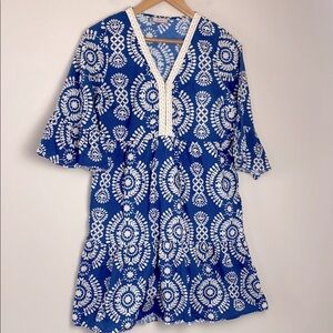 Saiph Lab Tiered Dress Bell Sleeve Santorini Mini Dress White Blue Size M